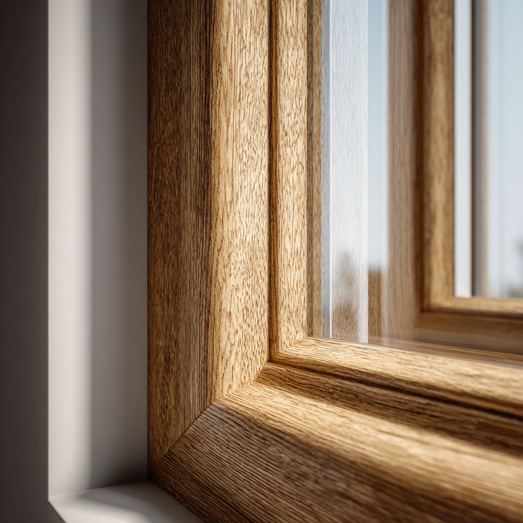 Fotorealistisch close-upbeeld van een modern houten raam met warme lichtinval en gedetailleerde houtnerf, geplaatst in een strak interieur.